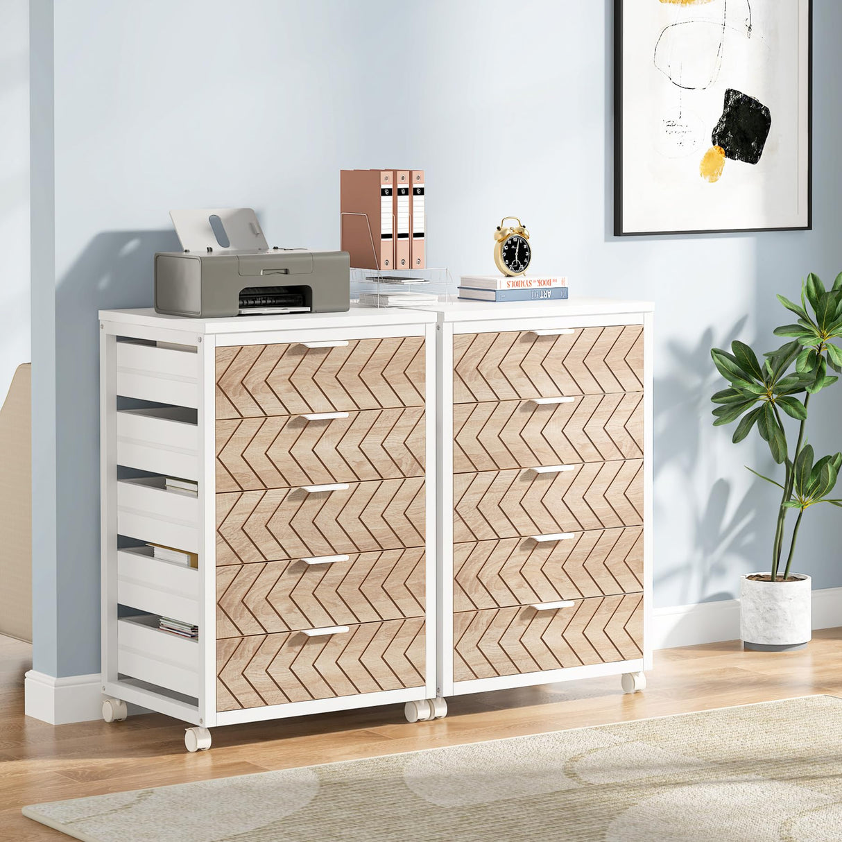 Tribesigns 5-Drawer File Cabinet, Wood Mobile Storage Drawer Unit, Industrial Office Cabinet with Drawers & Wheels, Rolling Printer Stand for Home Office (White & Beige) Tribesigns