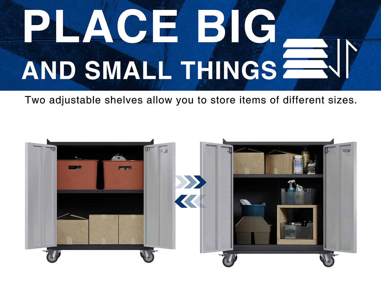 Aobabo 2 Door Tool Cabinets for Garage, 35.4 Inches Lockable Garage Storage Cabinet, Locking Metal Storage Cabinet with Wheels, Rolling Tool Chest, Assembly Required, Black/Gray Aobabo