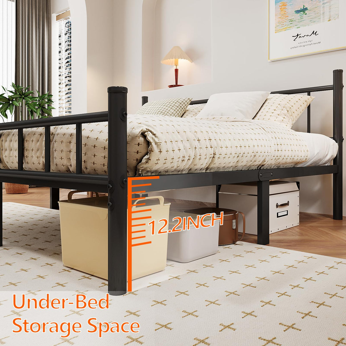 zizin Queen Size Metal Bed Frame with Headboard & Footboard 14 Inch Metal Platform Mattress Foundation Support with Steel Slat, Under Bed Storage, No Box Spring Needed zizin