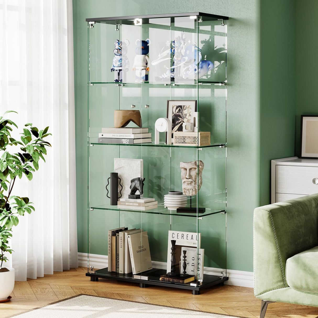 ahomrt Glass Display Cabinet with 4-Shelf Double Doors and Lock, 5mm Tempered Glass Floor Standing Bookshelf for Living Room, Bedroom, Office, 64 x 31.7 x 14.3 in, Black ahomrt