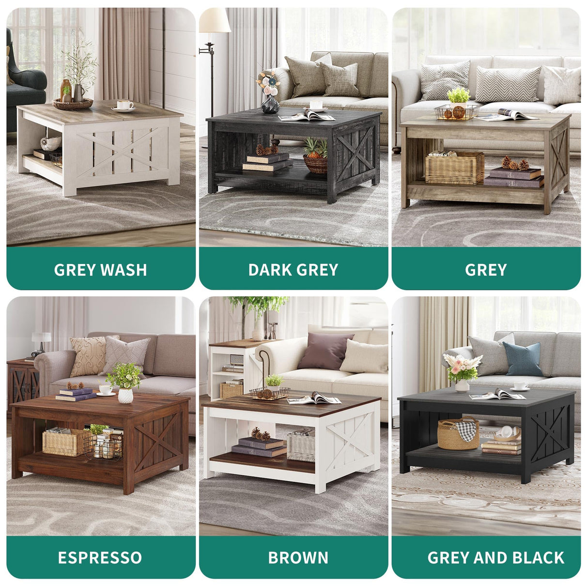 YITAHOME Coffee Table Farmhouse Coffee Table with Storage Rustic Wood Cocktail Table,Square Coffee Table for Living Meeting Room with Half Open Storage Compartment,Grey and Black YITAHOME