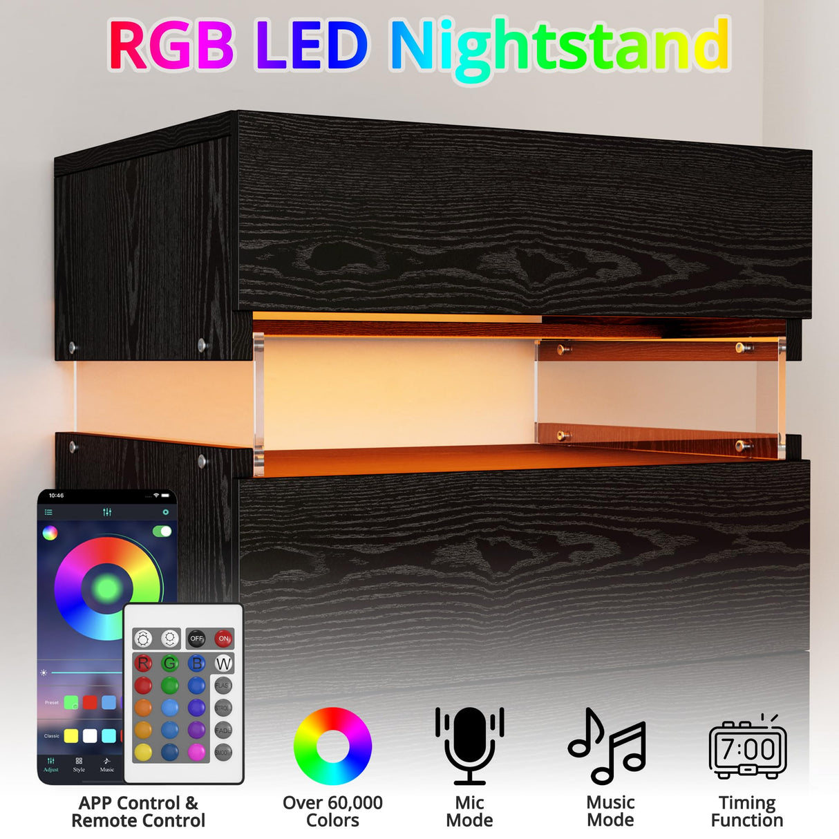 IRONCK Night Stand, LED Nightstand with 3 Drawers, Modern Bedside Table with Storage, End Table for Bedroom, Black IRONCK