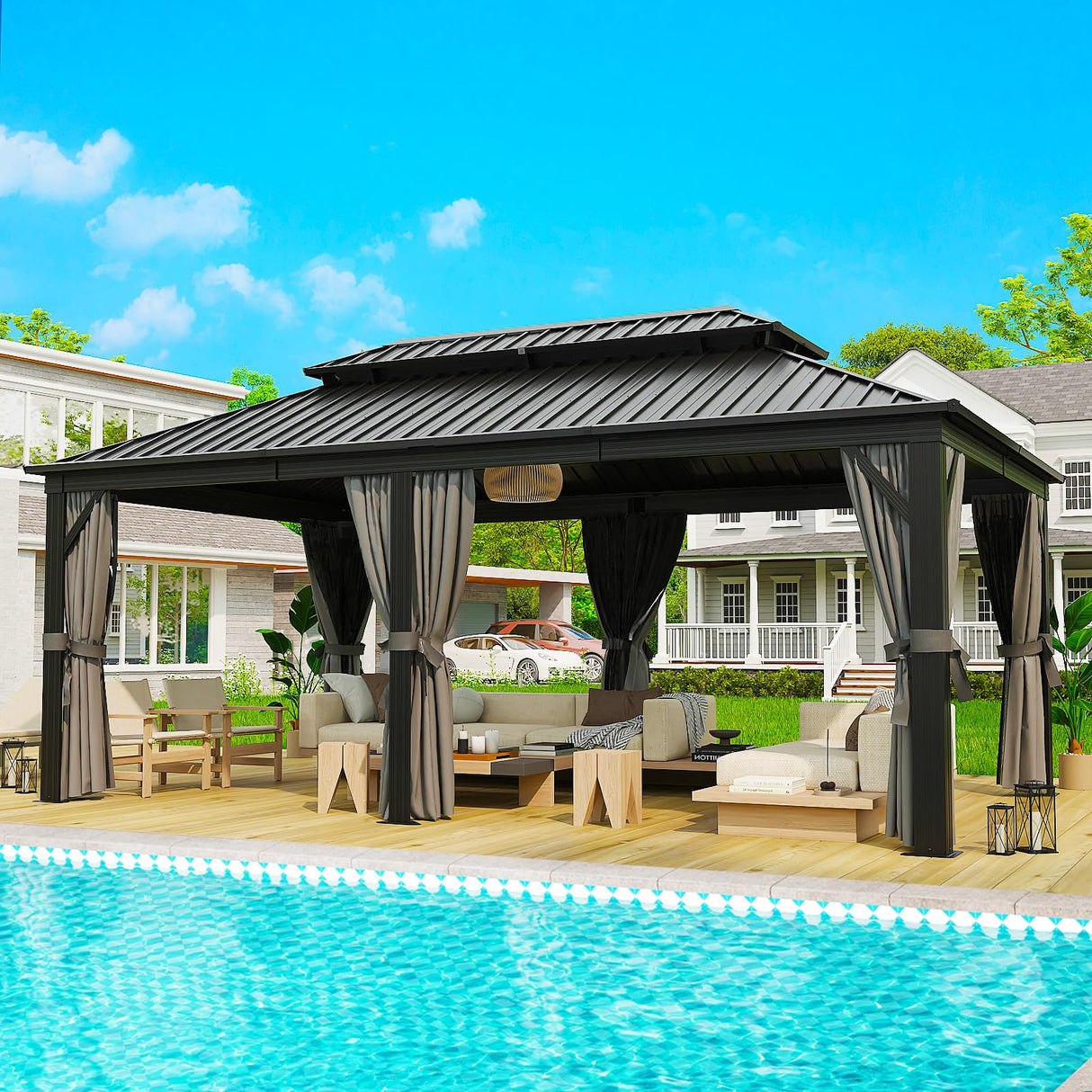 Jolydale Hardtop Gazebo 12 X 20FT, Galvanized Steel Dual-Layer Top, Aluminum Metal Gazebo with Netting and Curtains, Permanent Gazebo Pavilion for Party, Outdoor Dining Jolydale