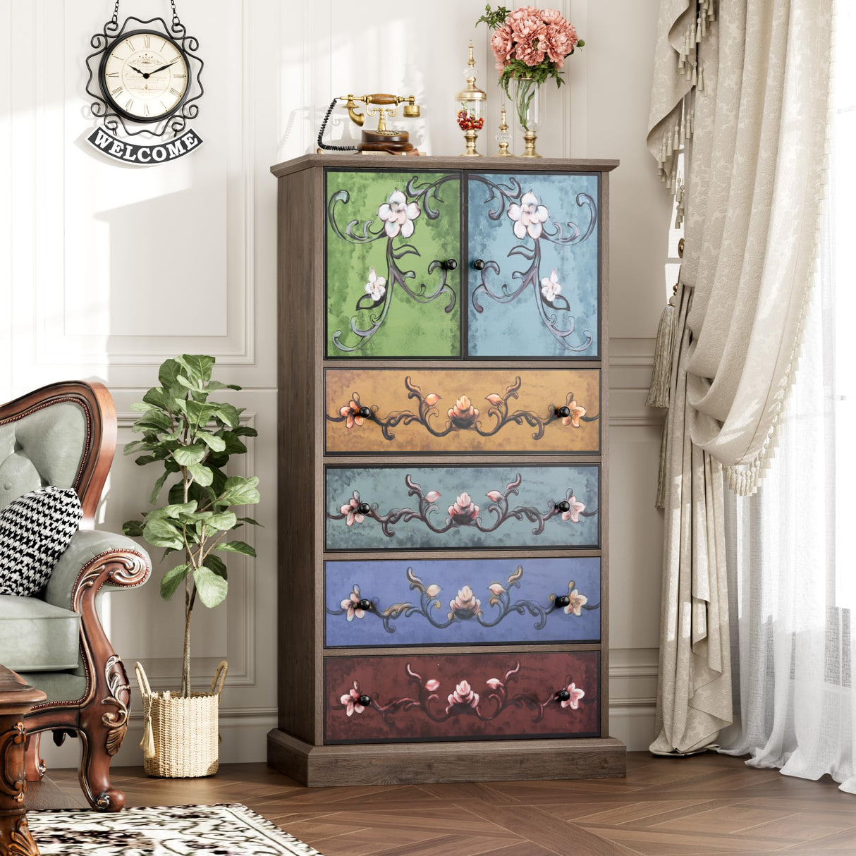 finetones 50’’ Tall Dresser, Boho Dresser Vintage Dresser with 4 Drawers and 2 Doors, Wood Dresser Chests of Drawers for Home, 16.1D x 23.6W x 50H Inch finetones