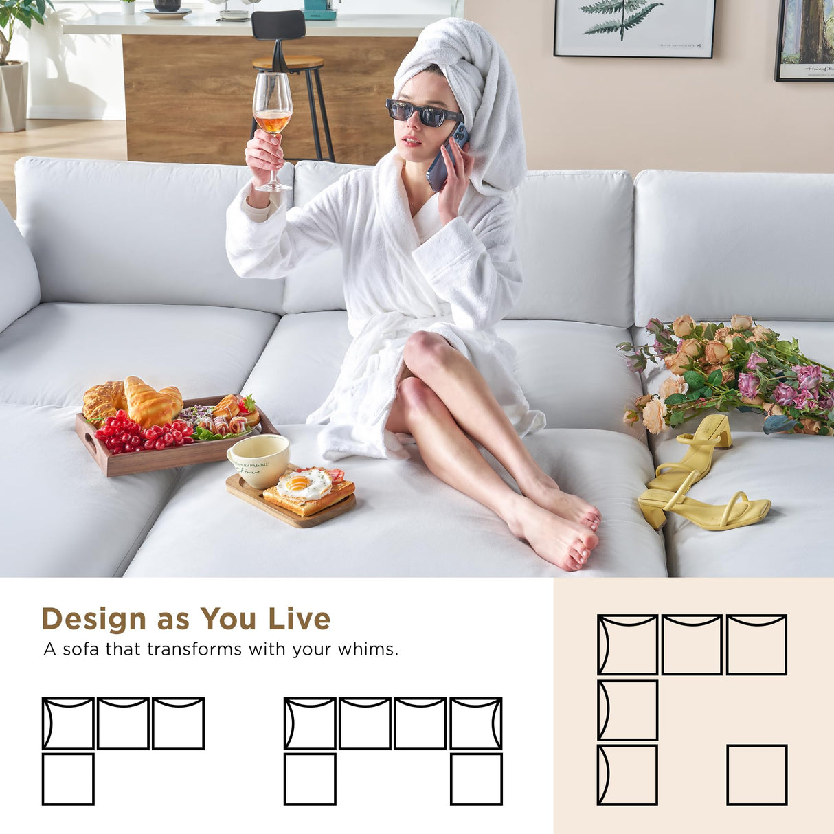 PaPaJet 114-Inch Cloud Sectional Sofa, Oversized Down-Filled Modular Couch, 4-Seater L-Shaped Sofa with Chaise and Ottoman, White Linen Cloud Couch for Living Room PaPaJet