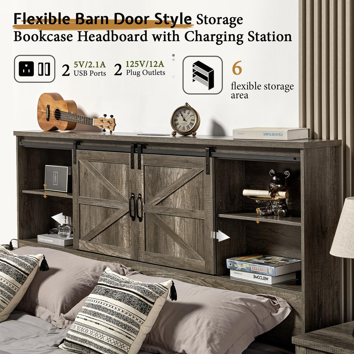 VanAcc Rustic Grey Queen Size Wooden Platform Bed Frame with Bookcase Headboard & Storage Drawers VanAcc