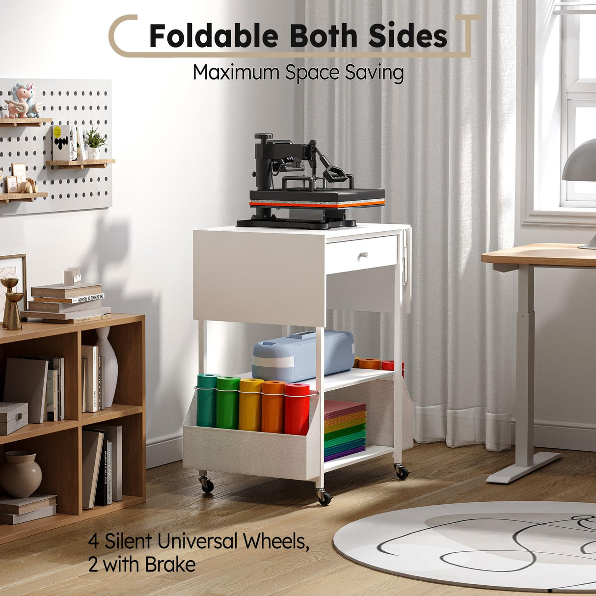 𝐂𝐫𝐚𝐟𝐢𝐭 Foldable Heat Press Table—Hold 36 Vinyl Rolls, Movable Heat Press Stand Cart with Storage Bag, Collapsible Heavy Duty Workbench for Sublimation, T-Shirts and Caps Heat Transfer Project Crafit