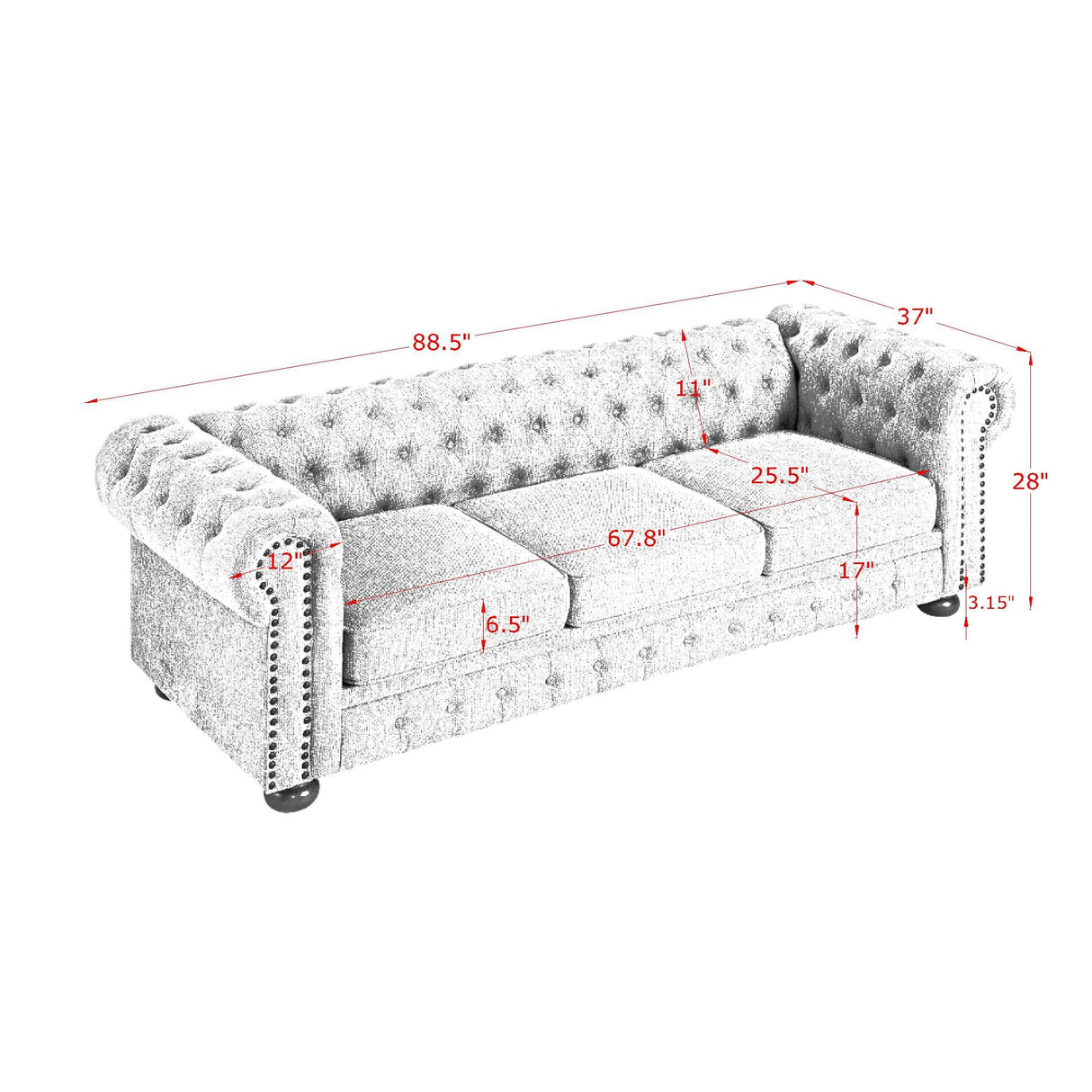 KEIKI 89" Chesterfield PU Tufted Button Sofa with Scrolled Arms, Classic Mid-Century 3-Seater Upholstered Couch with Nailhead Decoration, Easy Assembly, for Living Room, Bedroom, Office, Dark Gray KEIKI