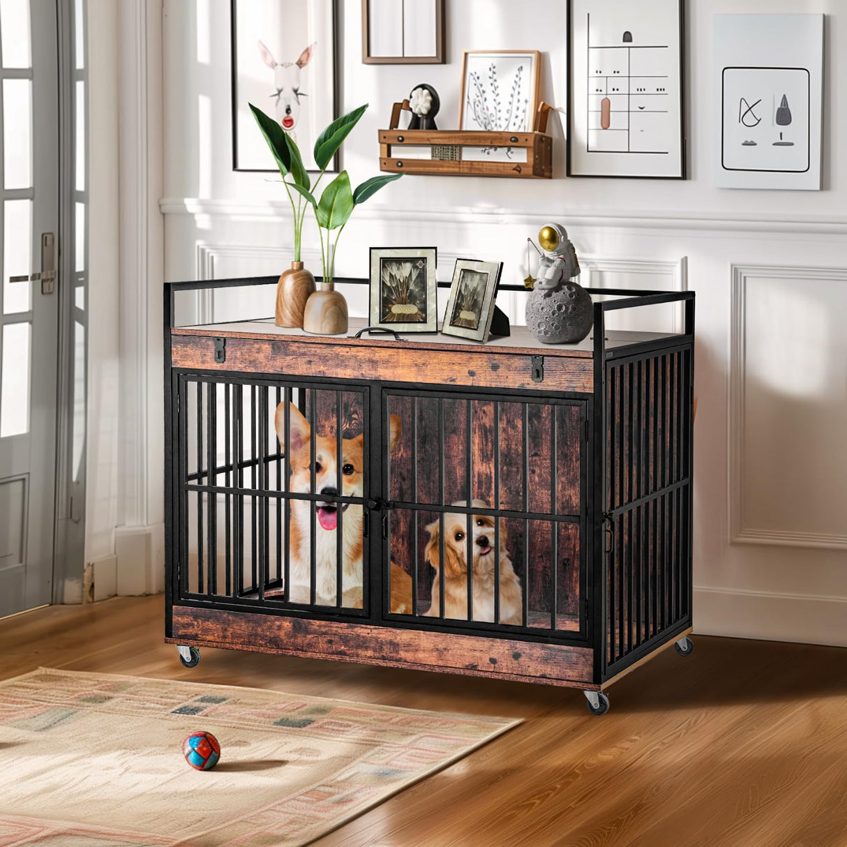 Extra Large Dog Crate Furniture, Dog Crates Furniture for Medium/Large Dogs Indoor, Heavy Duty Dog House with Wheels, Feeder Bowls & Flip Top, Large Dog Crate 44" L x 30" W x 38" H Redlifeᅟᅠ