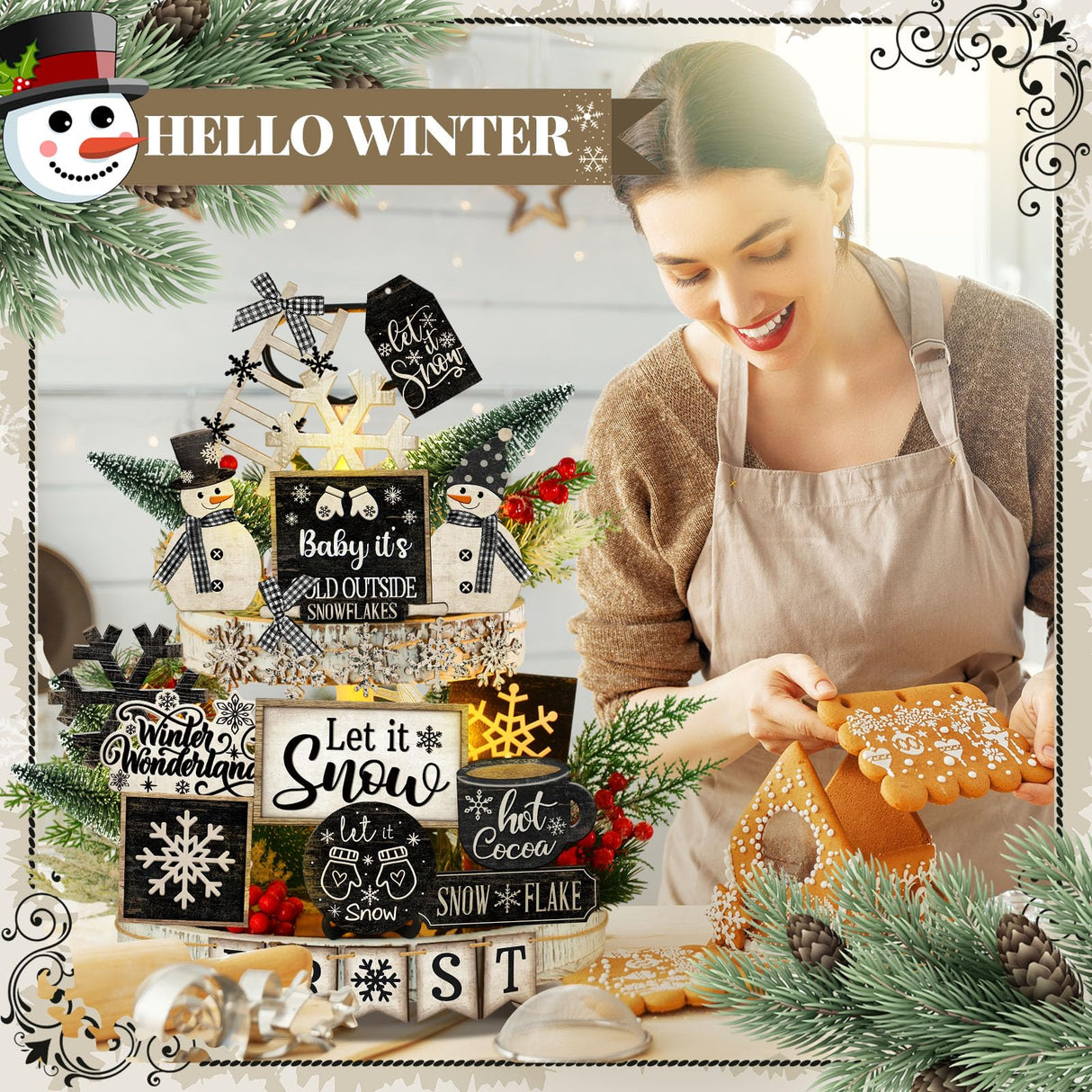 Nuogo 25 Pcs Christmas Winter Tiered Tray Decor Wood Rustic Winter Decoration for Home Christmas Snowflake Table Shelf Farmhouse Let It Snow Decor Xmas Snowman Signs for Table Holiday Nuogo