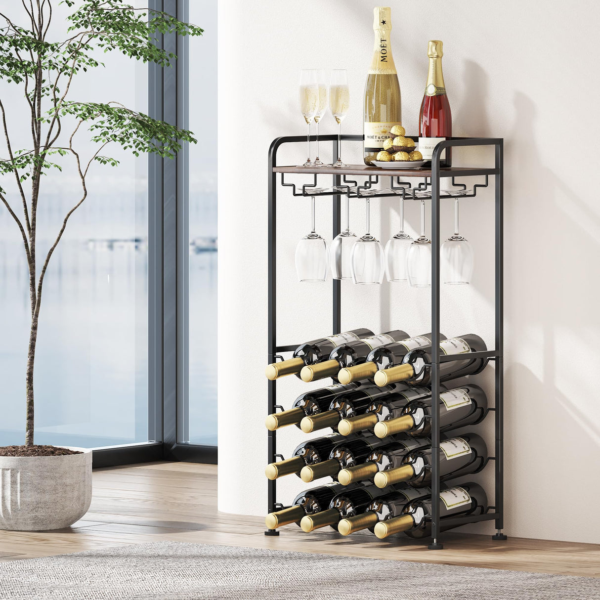 IBEDMAZIE Freestanding Floor Wine Rack,16 Bottles Wine Shelf for Kitchen,Dining Room,Home,Office, Bar,Perfect Combination of Wood and Metal, Easy to Install IBEDMAZIE