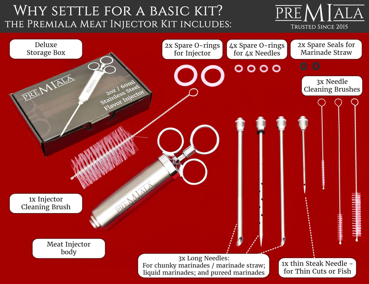 Premiala 304-Stainless Steel Meat Injector - With Marinade Straw! 4 Needles, Spare Orings, Ebook, Spares Available! The Original 2oz Marinade Injector Syringe Kit Creates Juiciest Turkey and BBQ Ever! Premiala