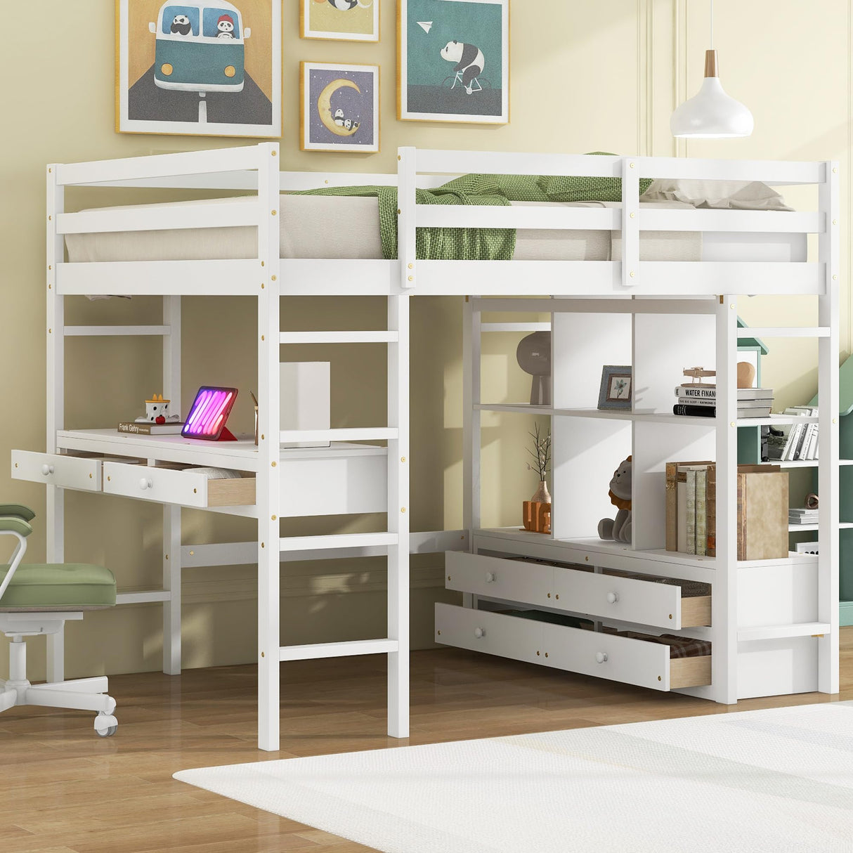 Janusline Full Size Loft Bed with Built-in Desk with Two Drawers, Multifunction Wooden Full Loft Bed Frame with Storage Shelves and Drawers for Apartment Bedroom, Space Saving, White Janusline