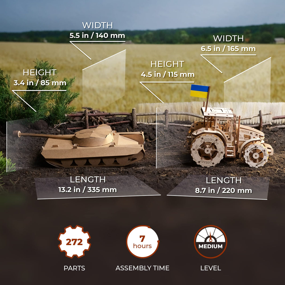 UGEARS The Tractor Wins Model Kits - Spring - Driven Model Tractor Kits to Build with Folding Paper Tank - 3D Wooden Tractor Model Kit for Self - Assembly - Mechanical 3D Puzzles for Adults and Kids UGEARS