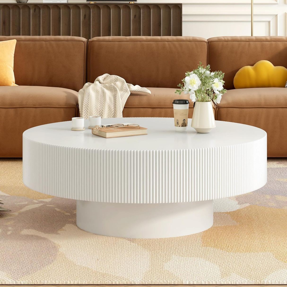 Merax Modern Round Coffee Table with Sturdy Base, Wood Center Tables for Living Room Reception Room, Easy Assemble, White Merax