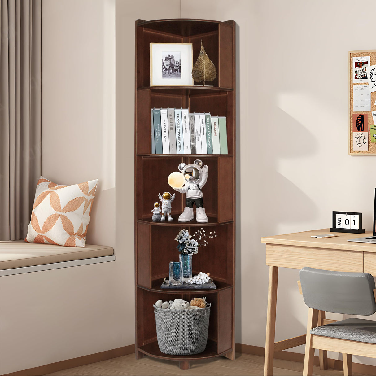 DOUSY-5 Tier Bamboo Corner Shelf, Mid Century Modern Corner Bookshelf, 69" Tall Stylish Bookcase Display Rack Plant Stand for Living Room, Bedroom, Home Office, Kitchen, Walnut DOUSY