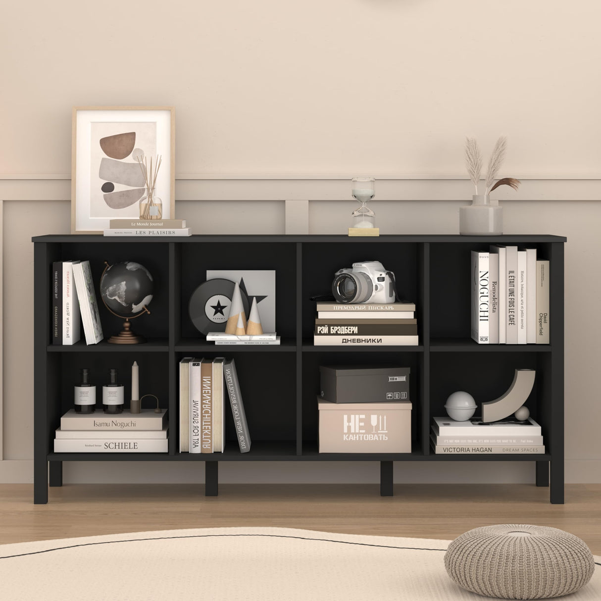 NewBeth 8-Cube Bookcase, Farmhouse Wooden Bookshelf Low Storage Organizer, 59" Horizontal Black Console with Legs, Hallway Book Case for Entryway, Display Cabinet for Living Room (Black, 8-Cube) NewBeth