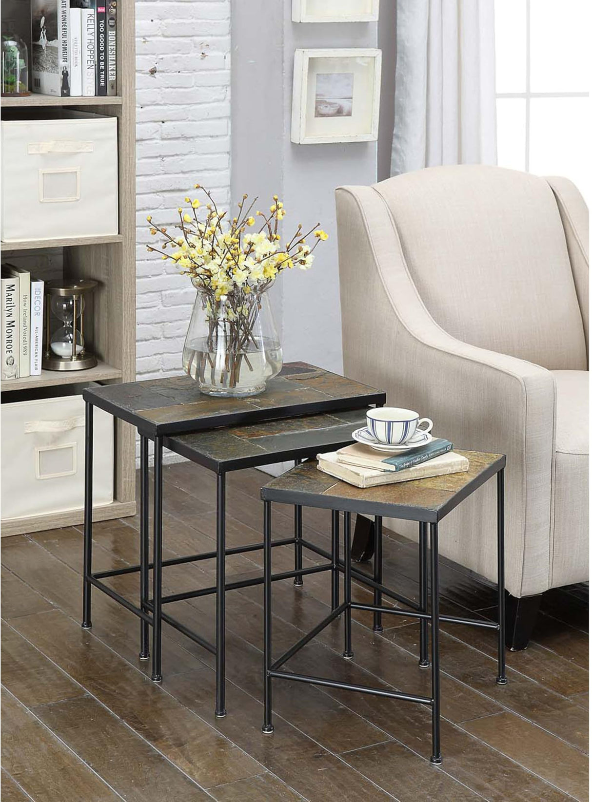 Zhongma Nesting Tables Set of 3, End Tables with Slate Table Top, Solid Real Stone, Side Table, Accent Table Zhongma