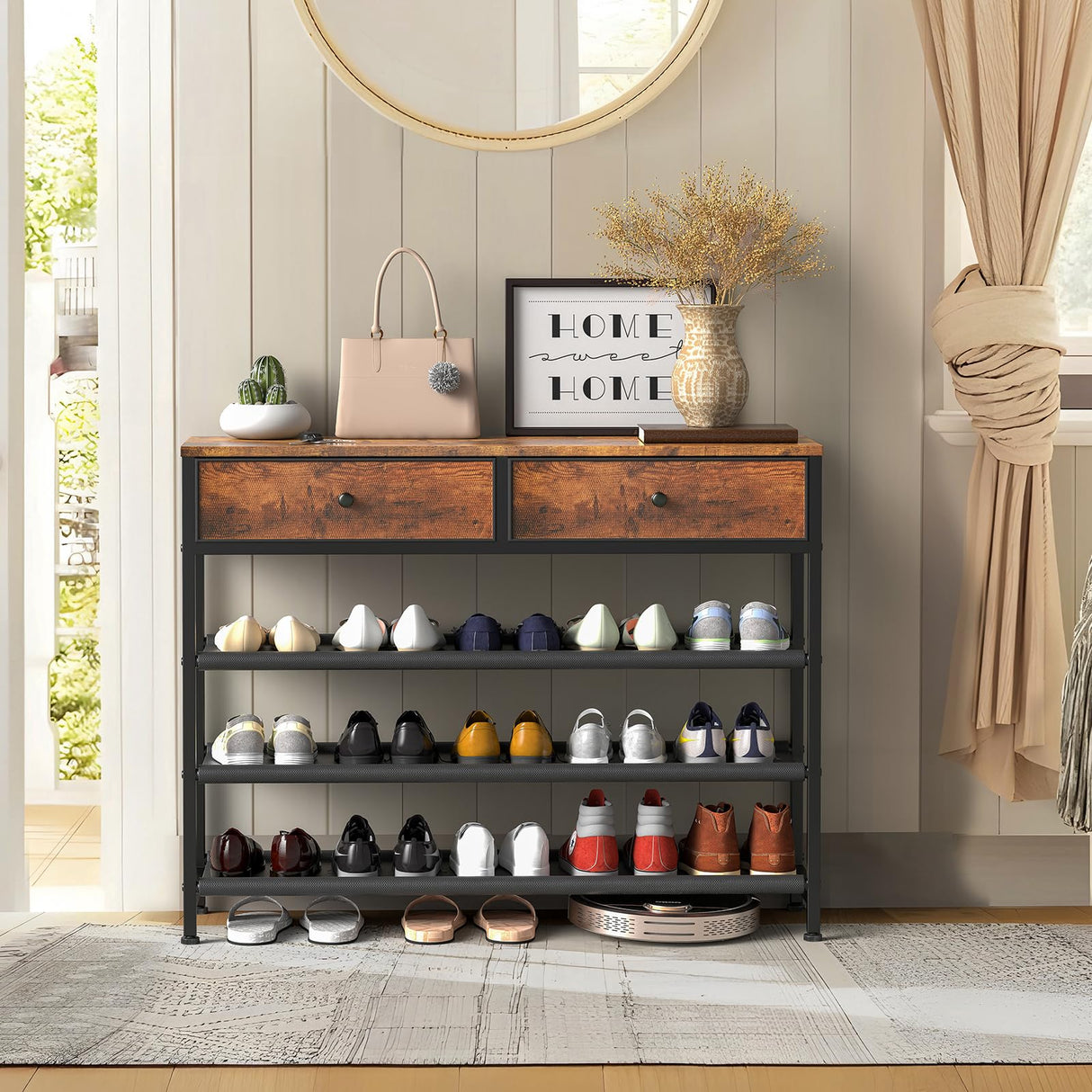 usikey Shoe Rack, 4 Tier Shoe Storage Organizer with 2 Drawers, Metal Shoe Shelf for 12-15 Pairs of Shoes, with 3 Fabric Shelves and Wooden Top, Shoe Stand for Closet Entryway, Rustic Brown usikey