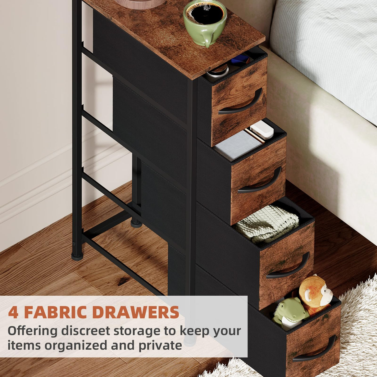 Somdot Narrow Dresser with 4 Drawers, Slim Storage Organizer Chest of Drawers with Removable Fabric Drawers for Small Spaces Bathroom Closet Bedroom Laundry, Wood Grain Print Somdot