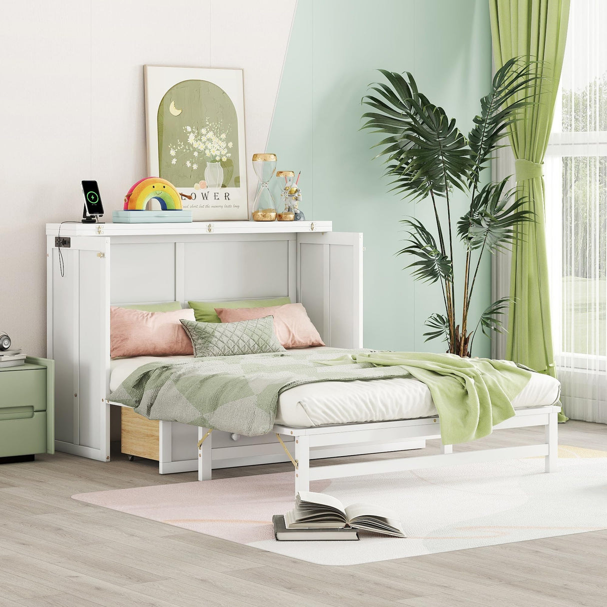 KEIKI Full Size Cabinet Murphy Bed with Charging Station and Drawers, Multiple Storage Foldable Hideaway Wall Murphy Bed Frame with Solid Slats, No Box Spring Needed, Easy Assembly, for Bedroom, White KEIKI