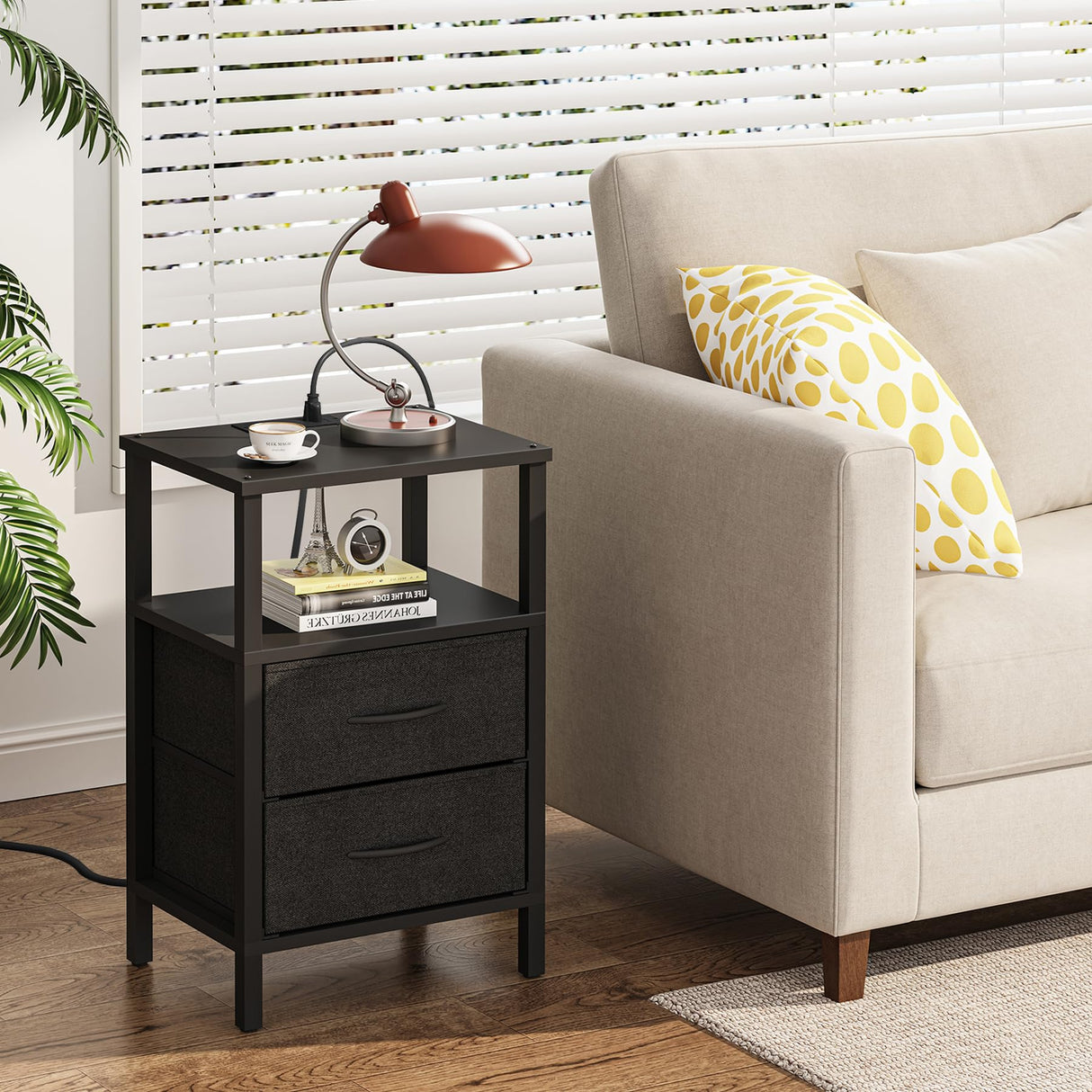 TUTOTAK End Table with Charging Station, Side Table with 1 USB & 1 USB- C type Port and Outlets, Nightstand with Cloth Drawer, Set of 2, Couch Table, Black TB01BK067 TUTOTAK