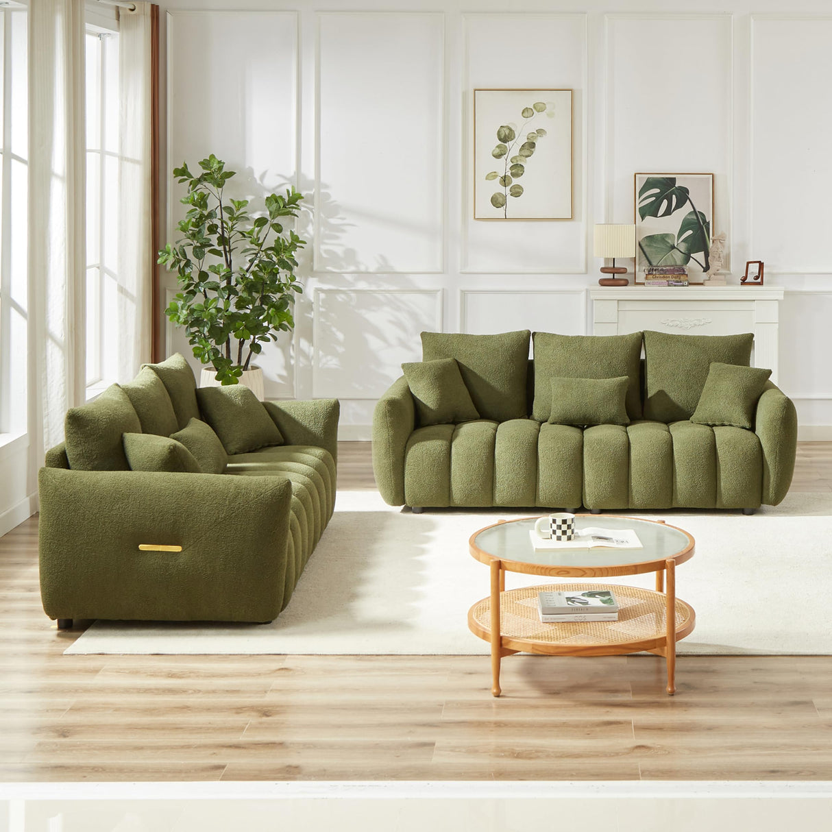 Wrofly Teddy Cloud Sofa Couch, Comfy Upholstered Sherpa Deep Seat Boucle Sofa, Cozy Modern 3 Seater Couch with 3 Pillows, Oversized Loveseat for Living Room Apartment Office, Olive Green Wrofly