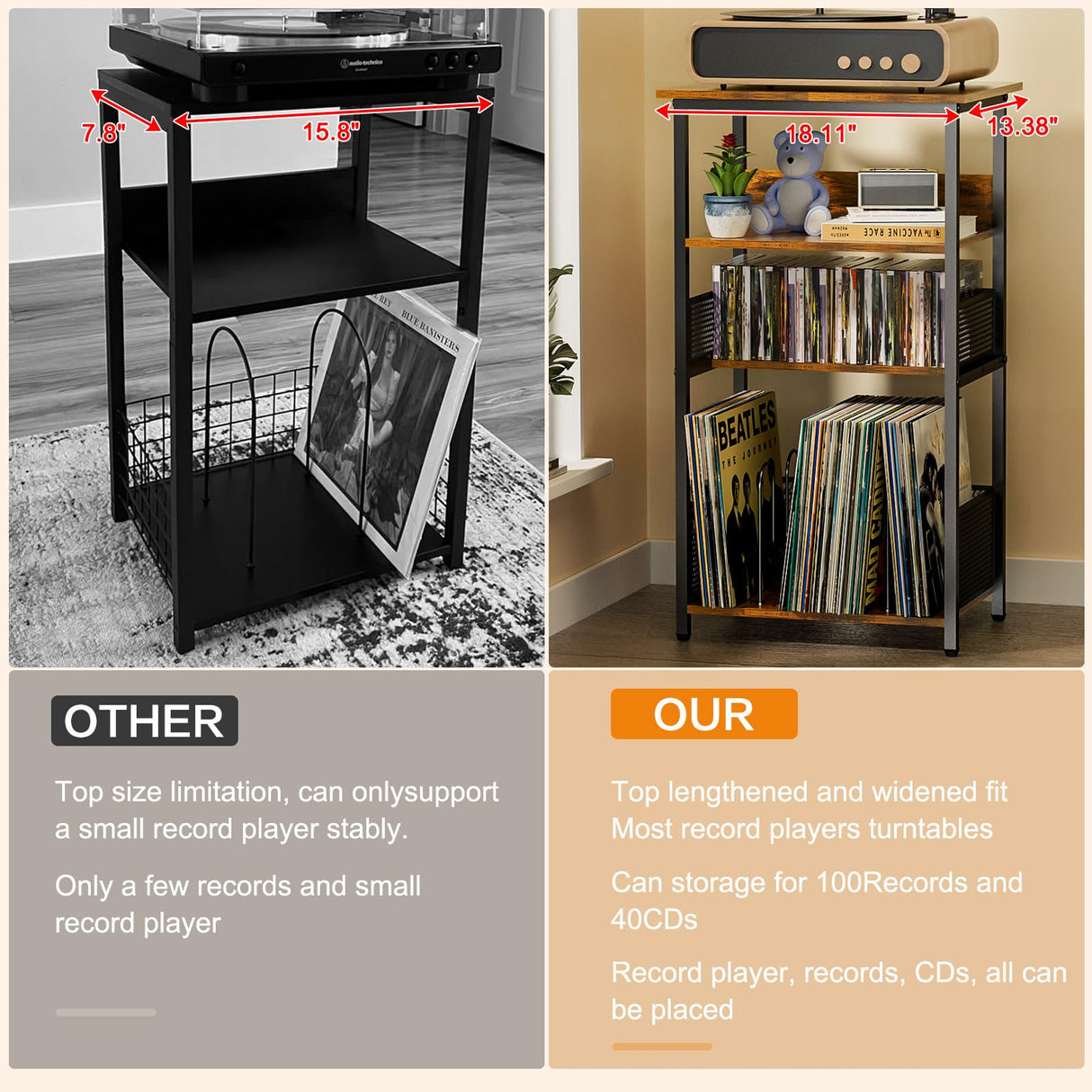 Huxitocan 4-Tier Record Player Stand with Storage for 100 Vinyl Records and 40 CDs, Turntables Holder for Living Room, Bedroom, Office Huxitocan