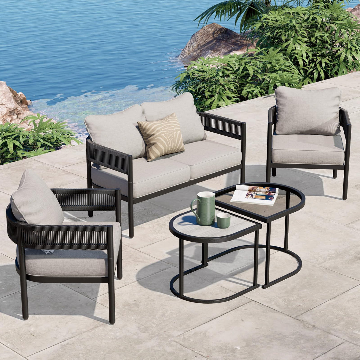 Grand patio 5-Piece Outdoor Furniture Set with Thick Cushions and Coffee Table, Wicker Sofa Conversation Set for Backyard, Beige Grand patio