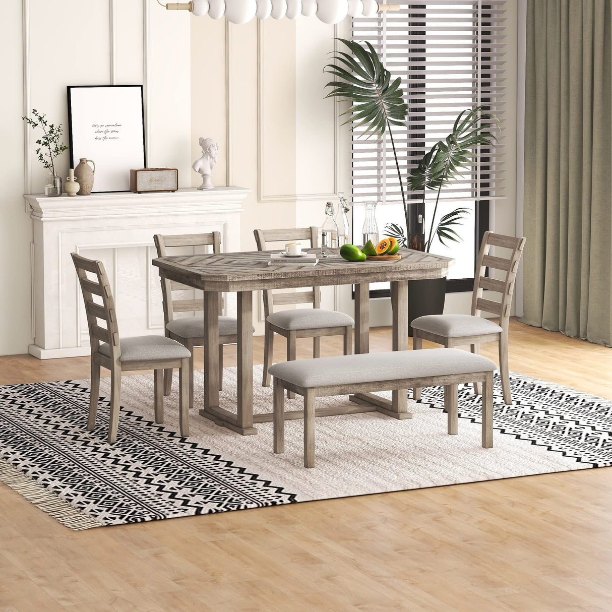 Bellemave Dining Table Set for 6, Rectangular Dining Table with Upholstered Chairs and Bench, 6-Piece Table Set for Dining Room and Kitchen, Retro Dining Room Table Set with Bench, 4 Chairs Bellemave