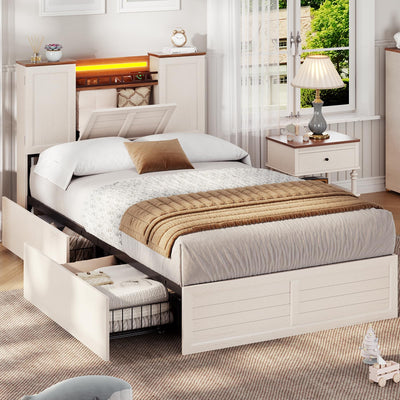 VIAGDO Farmhouse Twin Bed Frames with Headboard and Double Barn Door Storage Cabinets, Rustic Wooden Bed Frame Twin Size with Charging Station, 4 Drawers and LED Lights, No Box Spring Needed, White