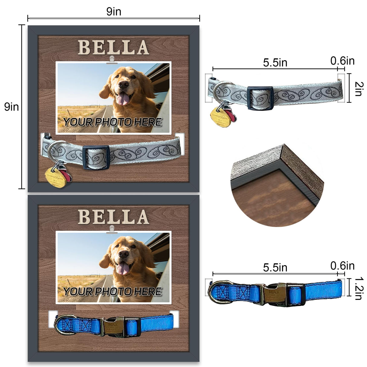 SUPERPAWS Pet Collar Memorial Shadow Box Dog Picture Frame 9.2""x9.2"", Cat or Dog Memorial Gift Pet Sympathy Remembrance Gift Keepsake DIY Name for Multi Sizes Dogs, wood, HN0EPMF-BL10 SUPERPAWS