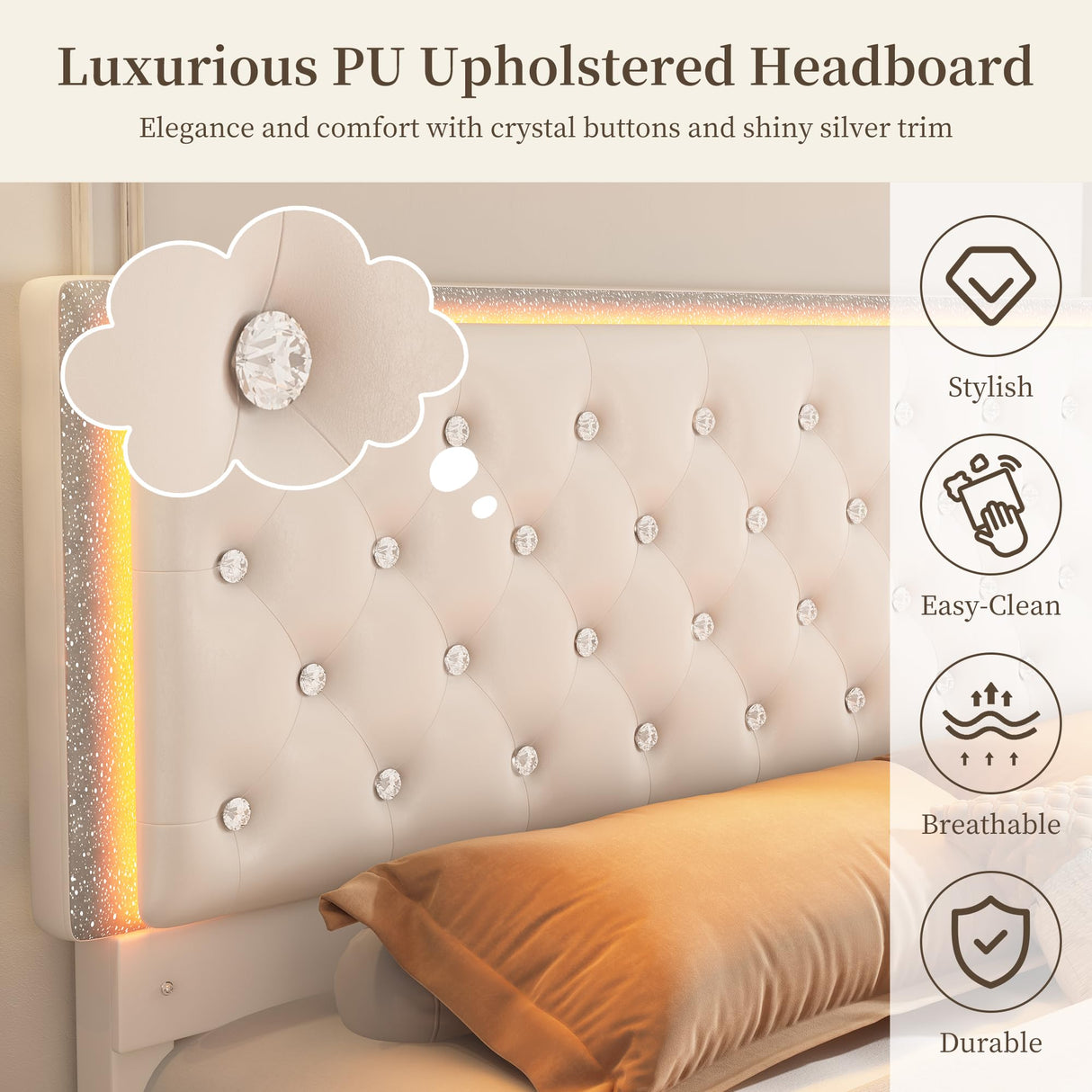 SIBEDS Full Led Bed Frame with 2 Drawers, Storage Platform Bed with Upholstered Crystal Button Tufted Headboard Footboard, 2 Side Pockets, No Box Spring Needed, PU White SIBEDS