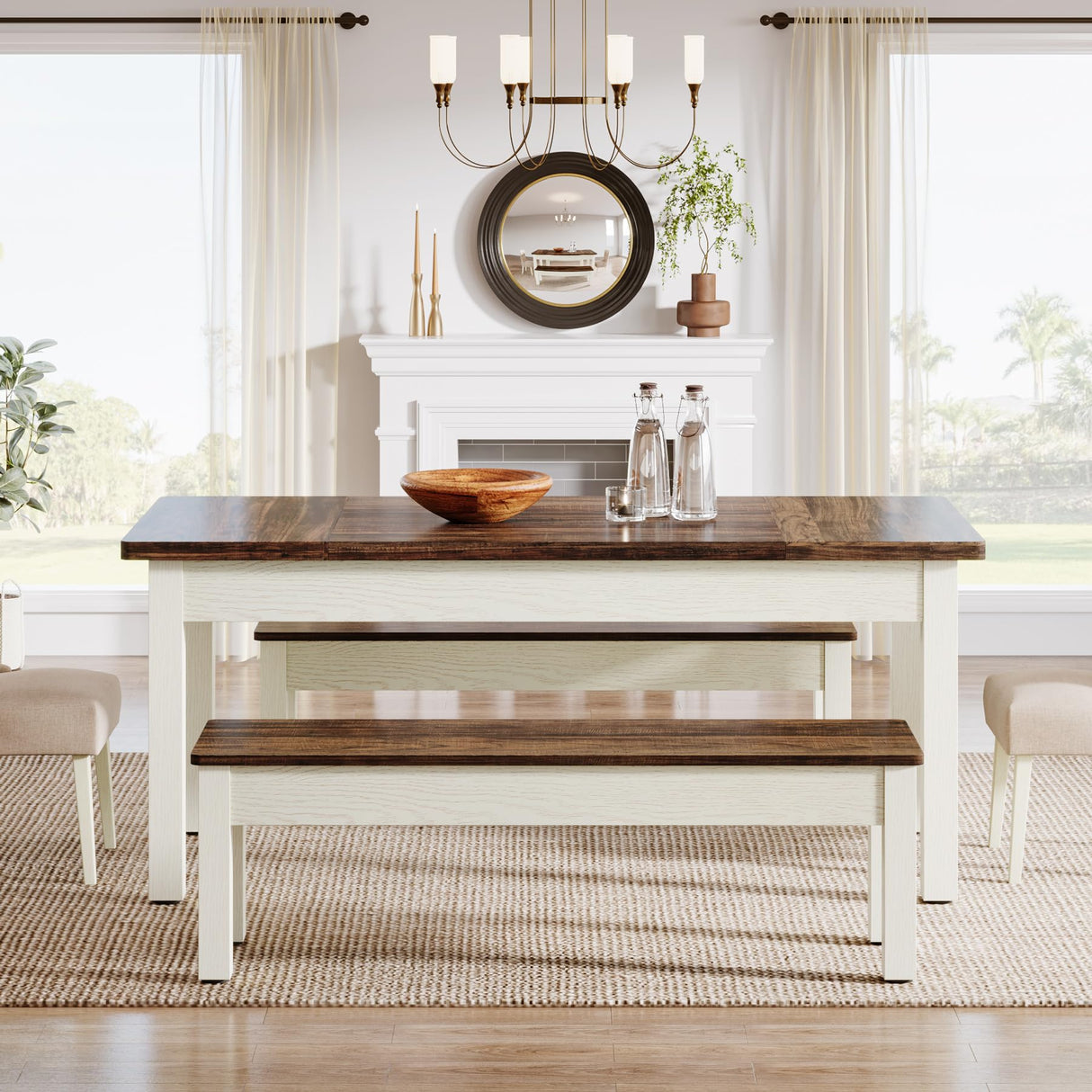 Tribesigns Farmhouse Kitchen Table Set for 4-6, 55-Inch Wooden Dining Table with 2 Benches, Space Saving 3 Pieces Heavy Duty Dinette for Dining Room, Kitchen, Small Space Tribesigns