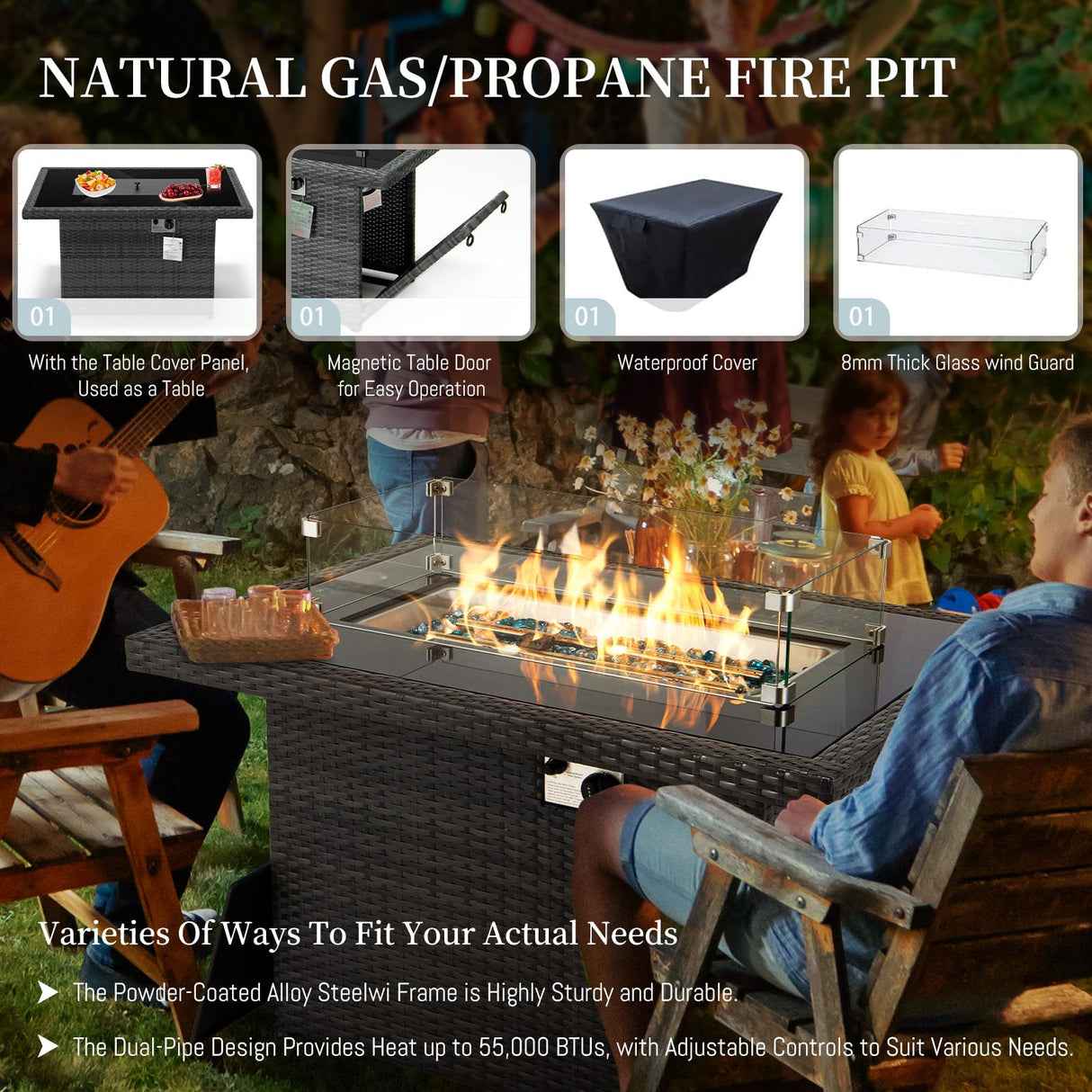 RADIATA 9 Piece Wicker Patio Furniture Set with Fire Pit, All-Weather Outdoor Sectional Couch High Back Large Size, Modular Backyard Seating Sofa Set with Propane/Natural Gas Firepit Table, Grey&Black RADIATA