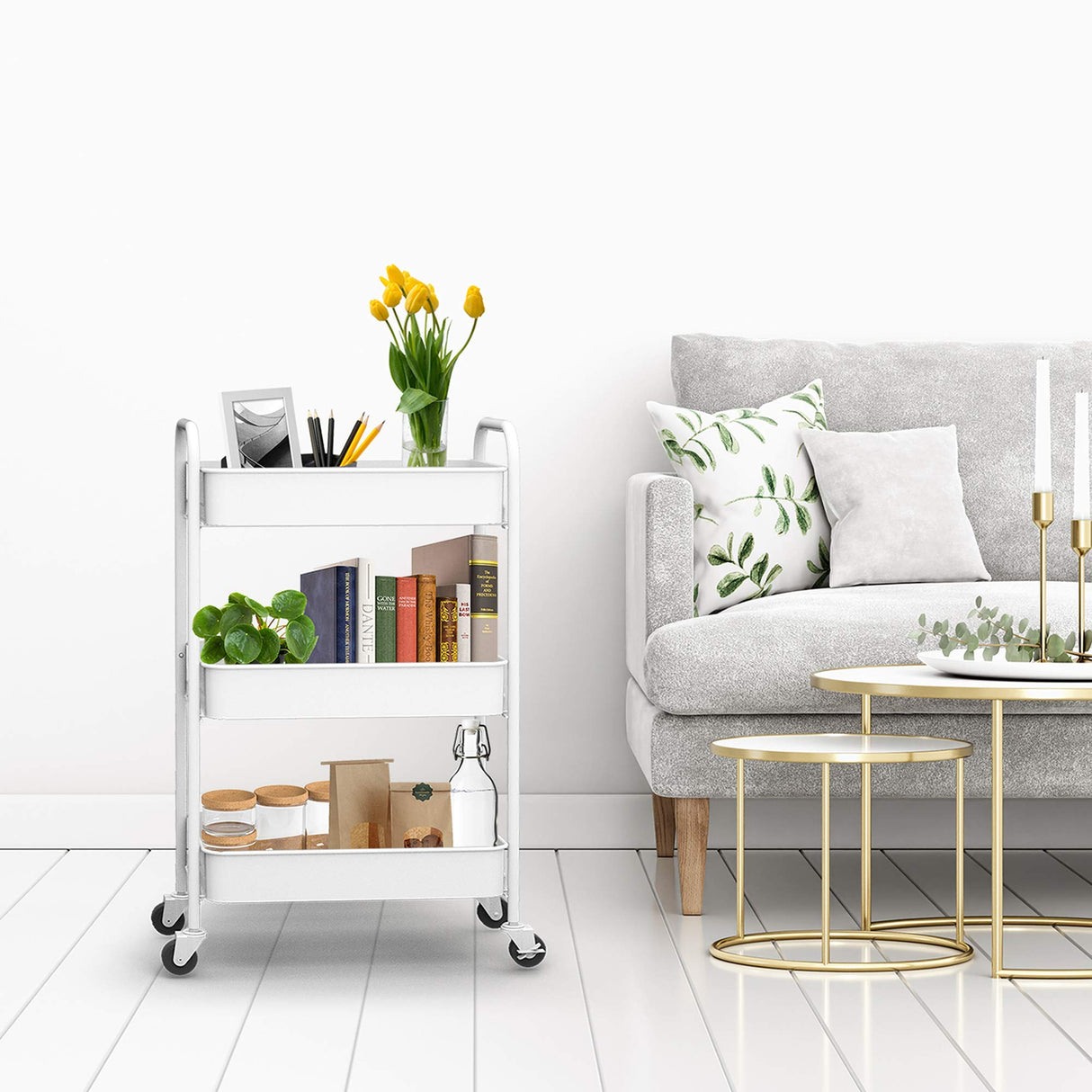 CAXXA 3-Tier Rolling Metal Storage Organizer - Mobile Utility Cart Kitchen Cart with Caster Wheels, White CAXXA