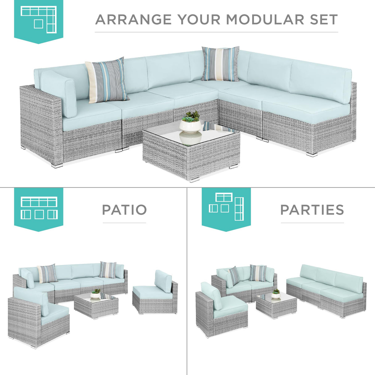 Best Choice Products 7-Piece Modular Outdoor Sectional Wicker Patio Conversation Set w/ 2 Pillows, Coffee Table, Cover Included - Gray/Pastel Blue Best Choice Products