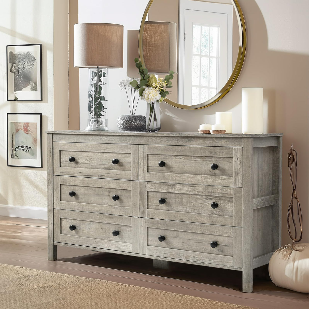 HALLYBEE Farmhouse 6 Drawer Dresser for Bedroom, 54" Long Wood Chest of Drawers with Round Metal Handle, Storage Dresser Organizer, TV Stand Dresser for Bedroom, Living Room, Hallway, Light Rustic Oak HALLYBEE
