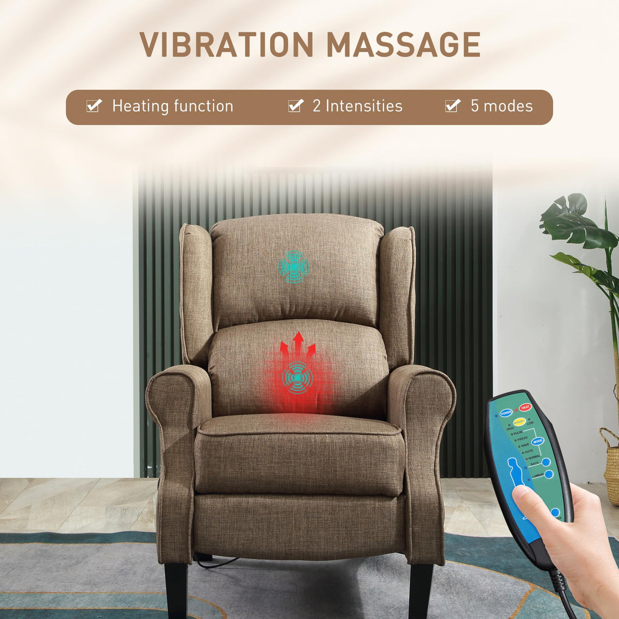 HOMCOM Vibration Massage Recliner Chair for Living Room with Heat, Wingback Single Sofa, Modern Linen Fabric Push Back Reclining Chair with Footrest, Side Pocket, Brown HOMCOM