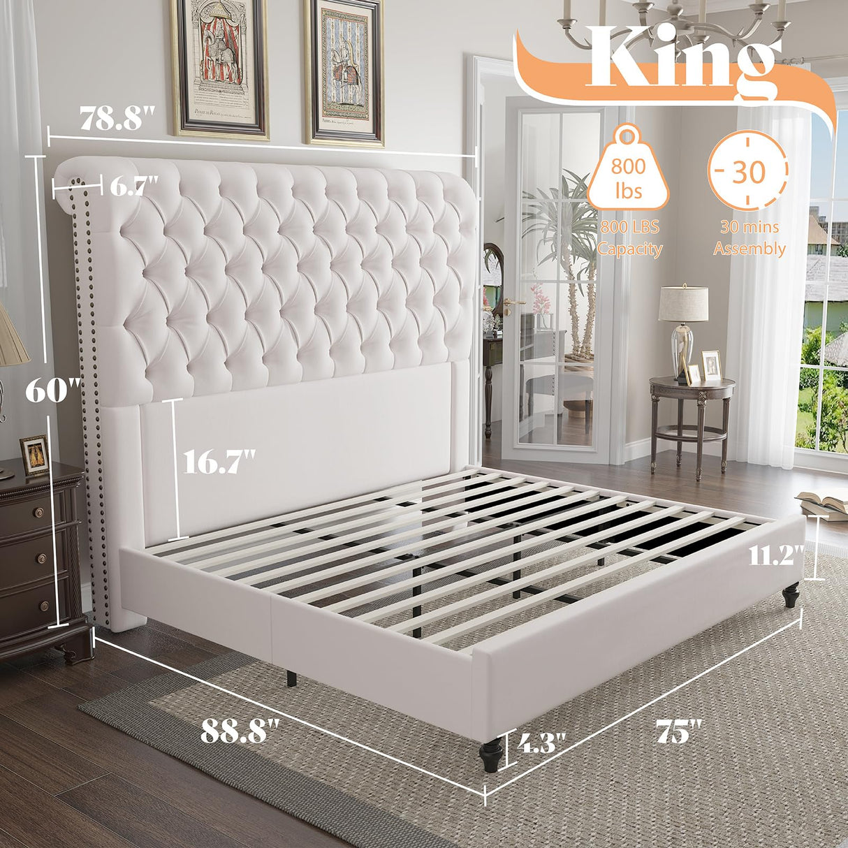 AMERLIFE King Size Bed Frame 60" Tall Sleigh Headboard Bed with Velvet Upholstered Platform, No Box Spring Needed, Cream AMERLIFE