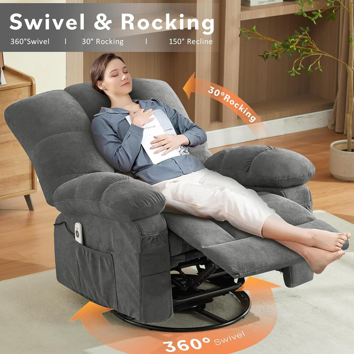 MAHOMICO Swivel Rocker Recliner Chair with Vibration Massage and Heat for Living Room with Rocking Function and Side Pocket, USB Charge Port,Nursery MAHOMICO