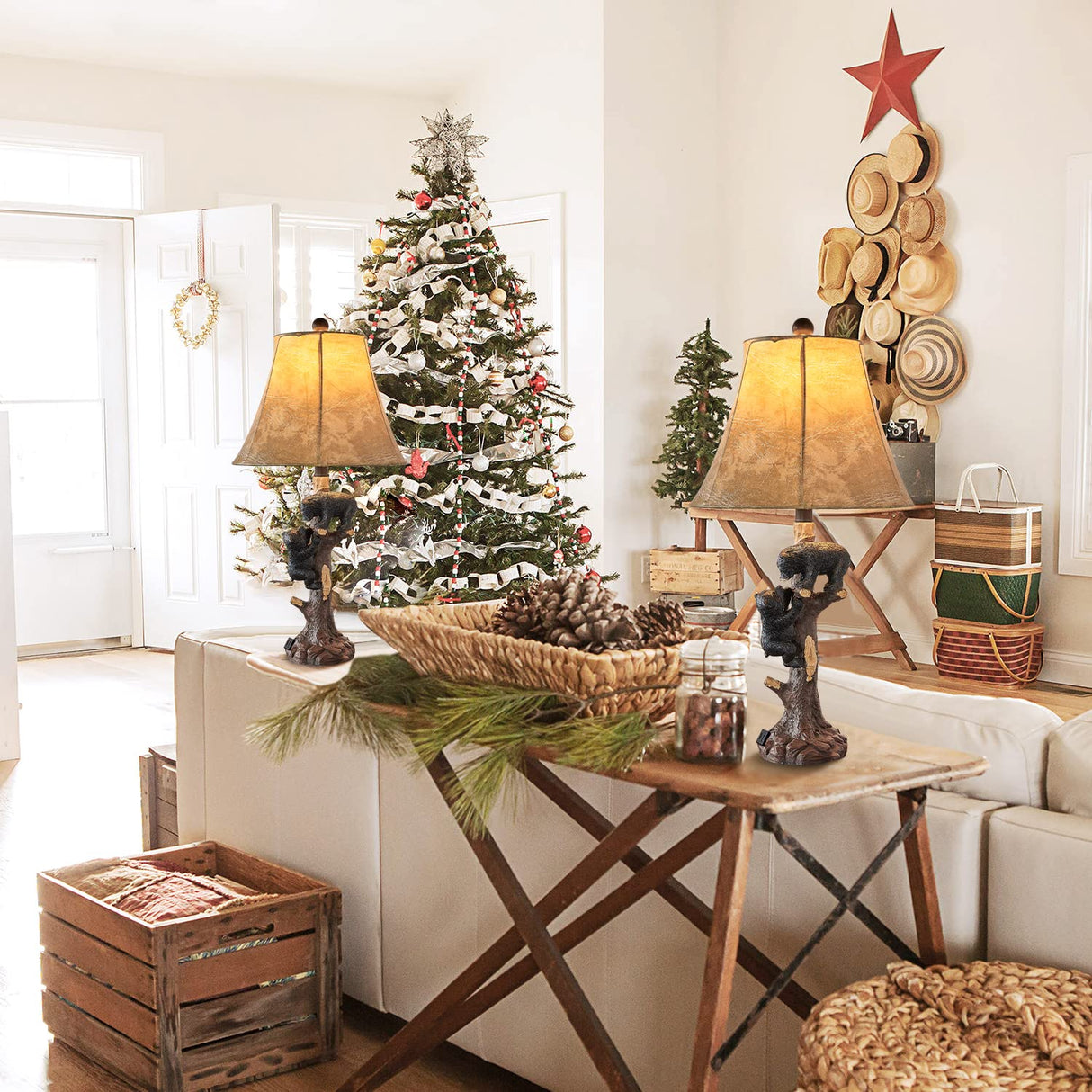 LOKHOM Climbing Bears Rustic Western Table Lamp Set of 2, 26" Rustic Bedside Lamp with USB & TypeC Charging Port, Natural Bears Table Lamp for Bedroom Living Room Foyer Office Valentine's Day Gift LOKHOM