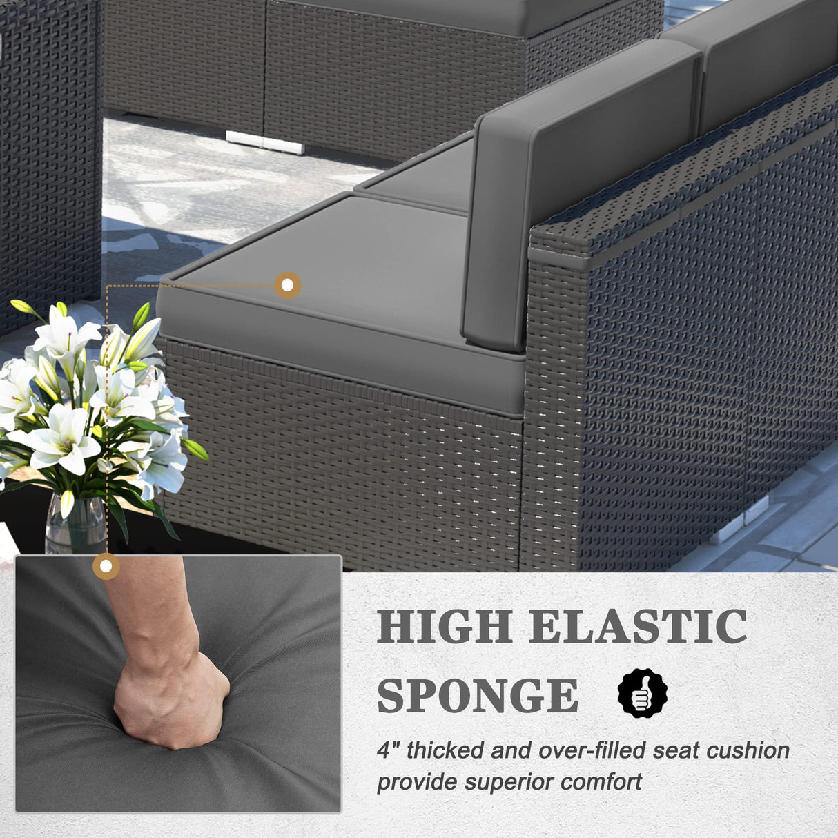 Vakollia 10 Pieces Patio Furniture Set with 44" Propane Gas Fire Pit Table, Outdoor Sectional Wicker Conversation Sofa Sets with Coffee Table Vakollia