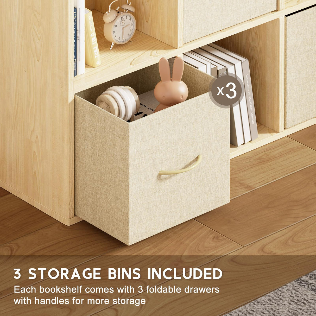 EXPERLAM 6 Cube Storage Organizer - Solid Wood Bookshelf with 3 Storage Bins, Cube Shelf with 2 Removable Back Panels, Vertical or Horizontal Bookcase, Open Book Shelf for Bedroom, Living Room, Office EXPERLAM