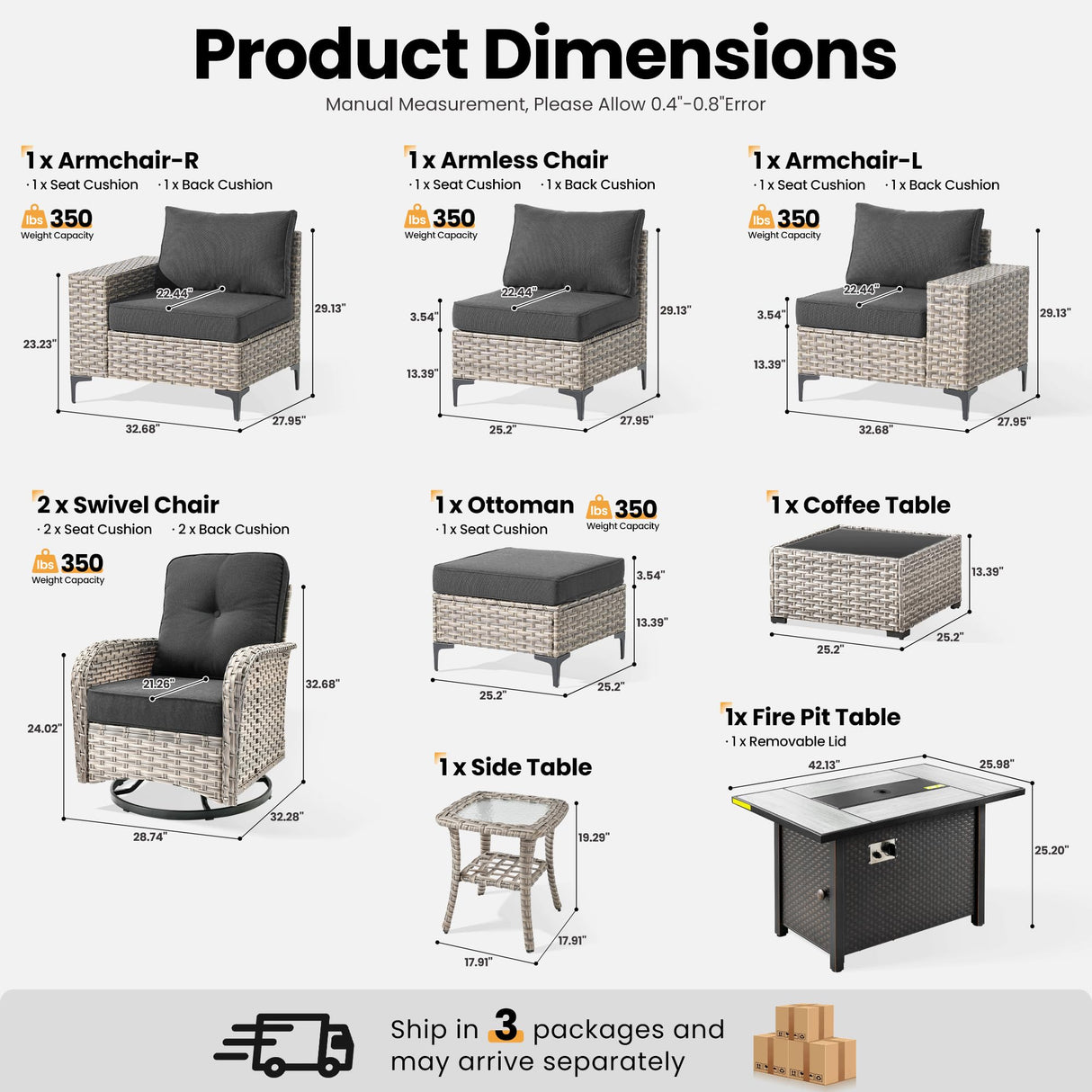 ovios 9 Pieces Patio Furniture Set Outdoor Sectional Sofa Couch with Fire Pit Table Rocking Swivel Chairs Deep Seat Chaise, Modern Modular Wicker Rattan Conversation Set, Black ovios