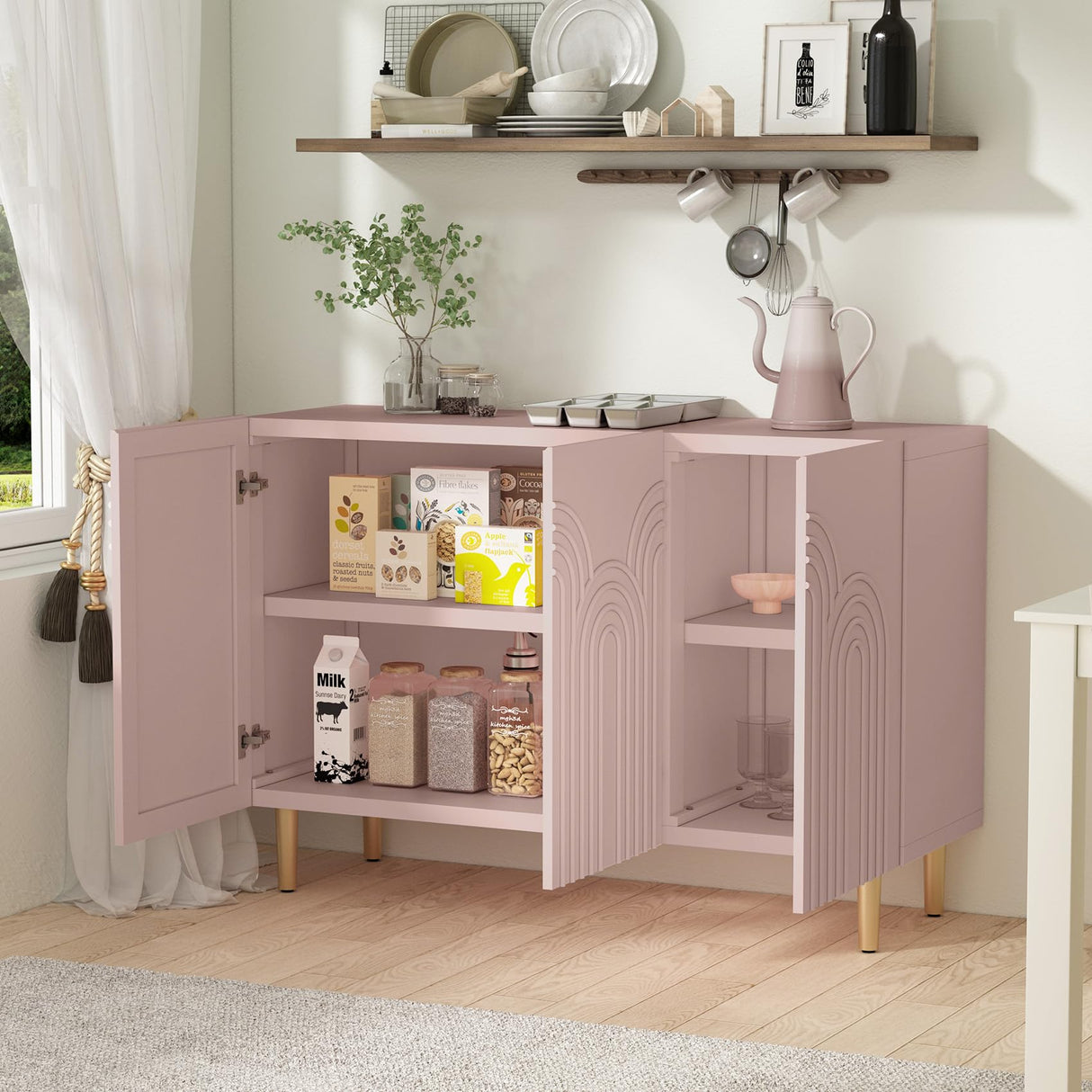 ARTPOWER 47" Accent Cabinet with Cloud Relief, Sideboard Buffet Cabinet with 3 Doors,Modern Buffet Cabinet,Credenza Storage Cabinet for Living Room, Kitchen, Dining Room, Hallway, Entryway, Pink ARTPOWER