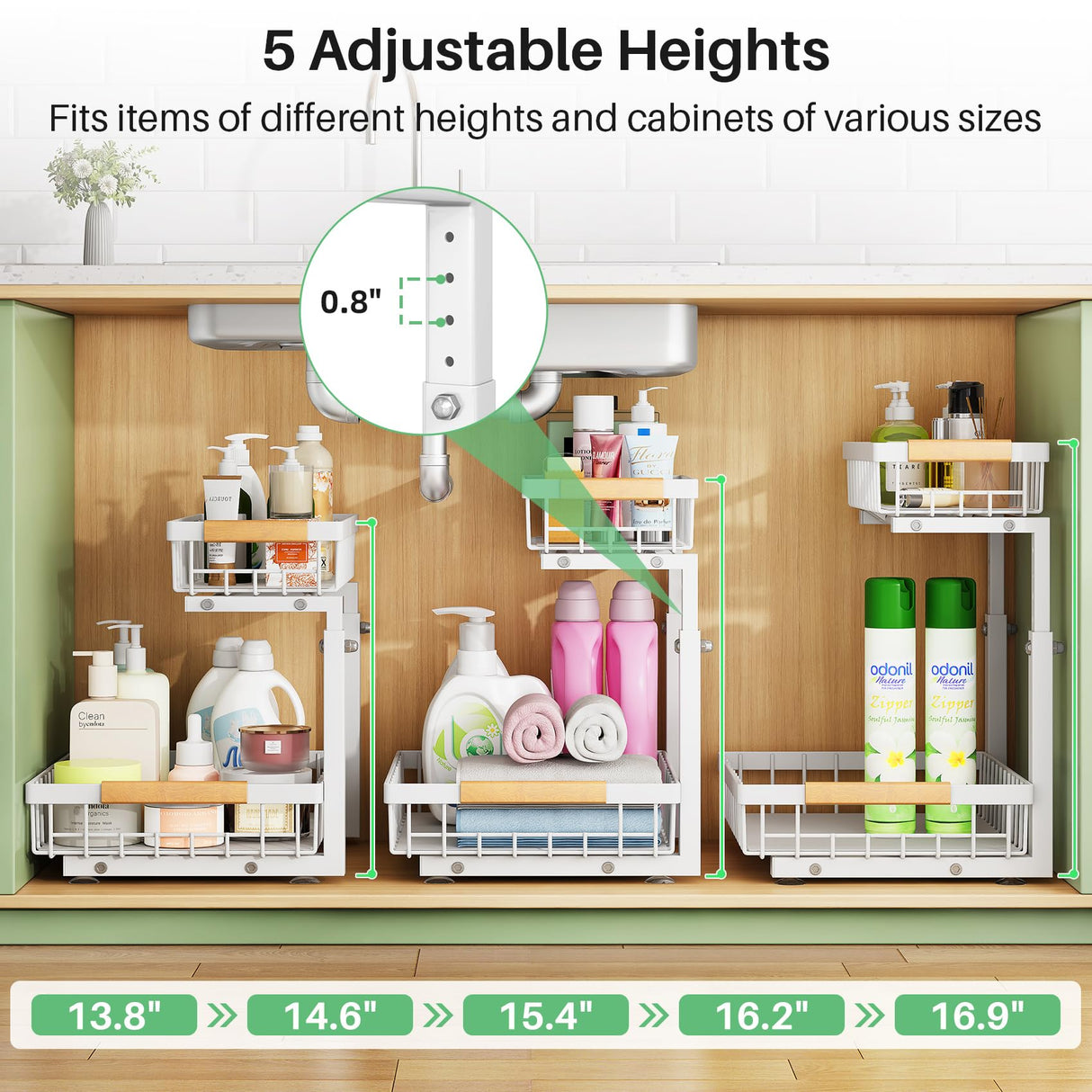 Under Sink Organizer, 2 Packs 2 Tier Under Sink Organizers and Storage, Slide out Pull out Cabinet Organizer Shelf, Metal Sliding Drawer for Kitchen Bathroom Pantry Closet Rack(White) Kitstorack