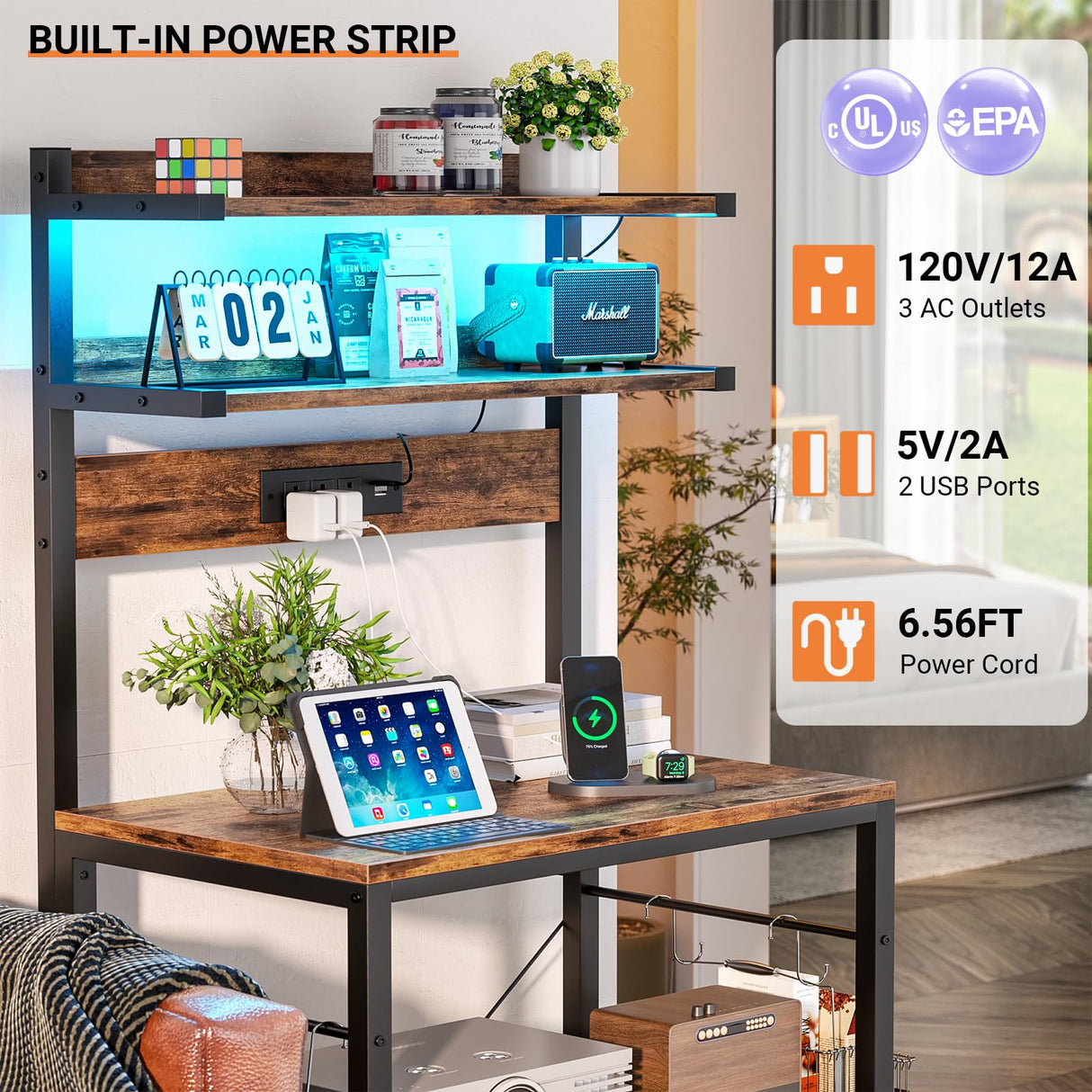 Aheaplus Rustic Brown Bakers Rack with Power Outlet & LED Lights, 5-Tier Kitchen Storage Shelf Aheaplus