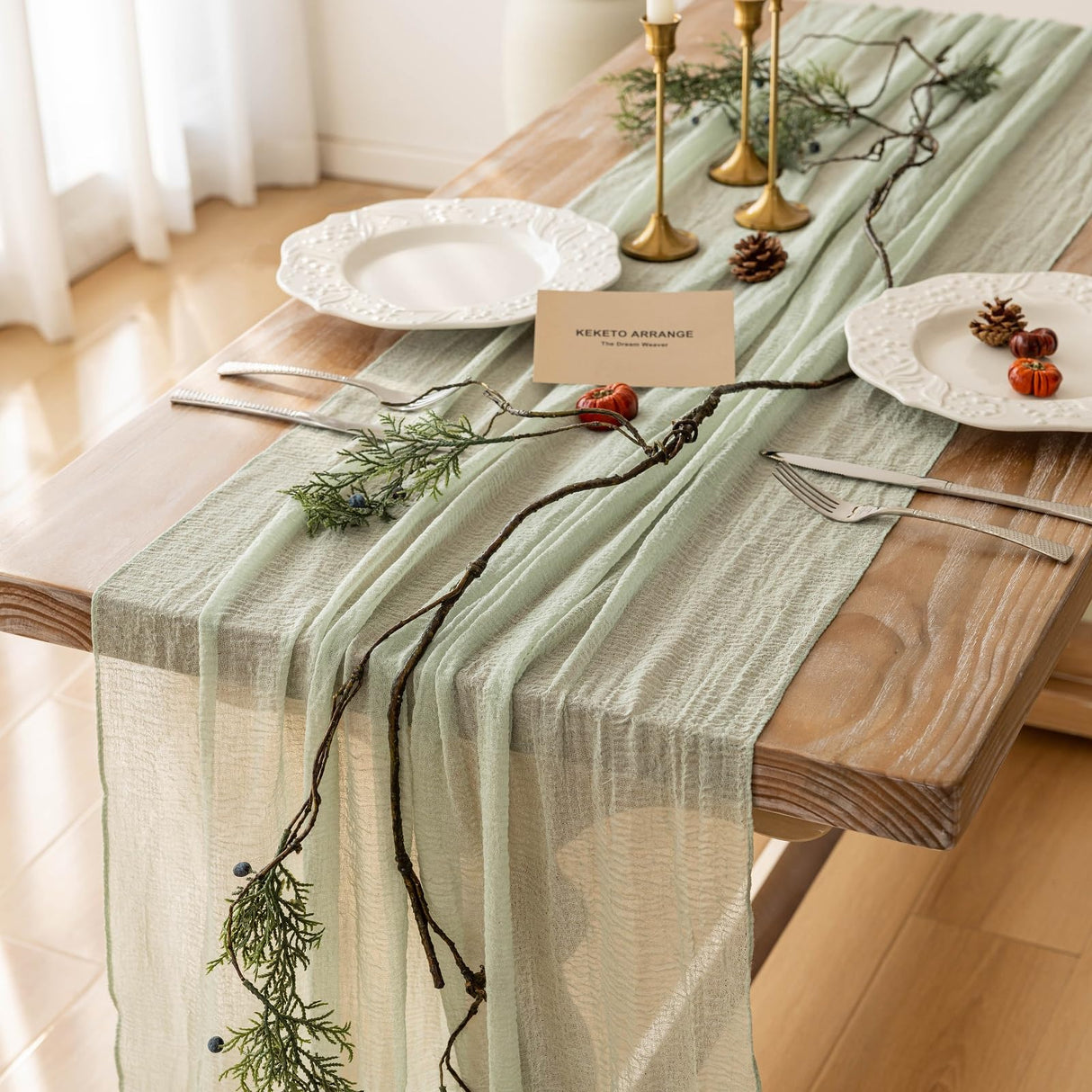 Keketoarrange Sage Green Table Runner Cheesecloth 120 Inch 10 FT Rustic Boho Cheese Cloth Table Runner for Wedding Baby Shower Bridal Shower Sheer Gauze Centerpiece Home Decorations Keketoarrange