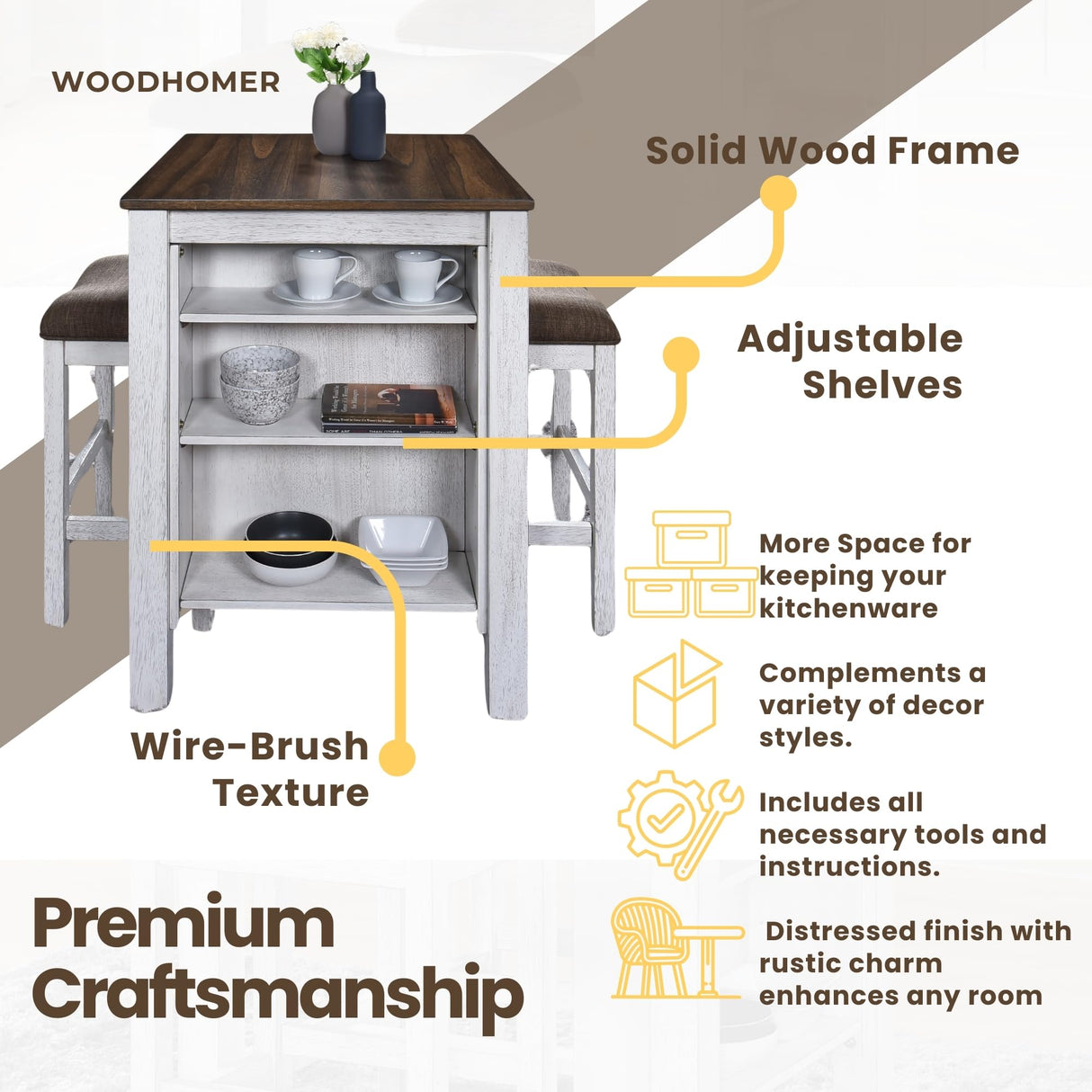 WOODHOMER 3-Piece Wooden Dining Table Set, Kitchen Island with Seating for 2, Kitchen Bar Table with Stools, Counter Height Dining Table Set, Antique Dark Oak & White, Farmhouse Style WOODHOMER